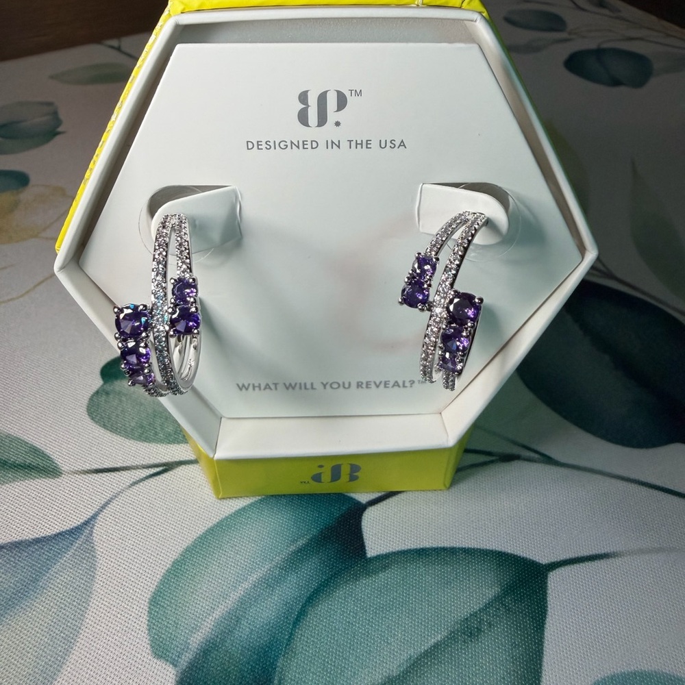 Silver Hoop Earrings with Dark Purple Topaz CZ by BP